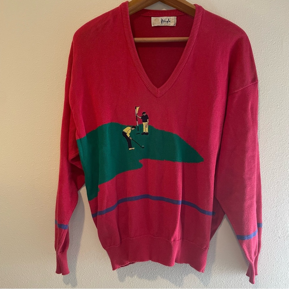 Vintage Pringle Sweater Mens Size XL Made in Scotland Red Knit Pullover Golfcore